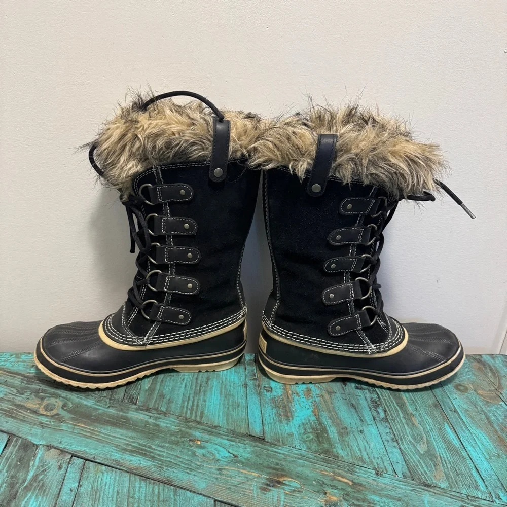 SOREL Joan Of Arctic Suede Snow Boots Size 7 Waterproof Black Tan Rubber - Picture 11 of 15